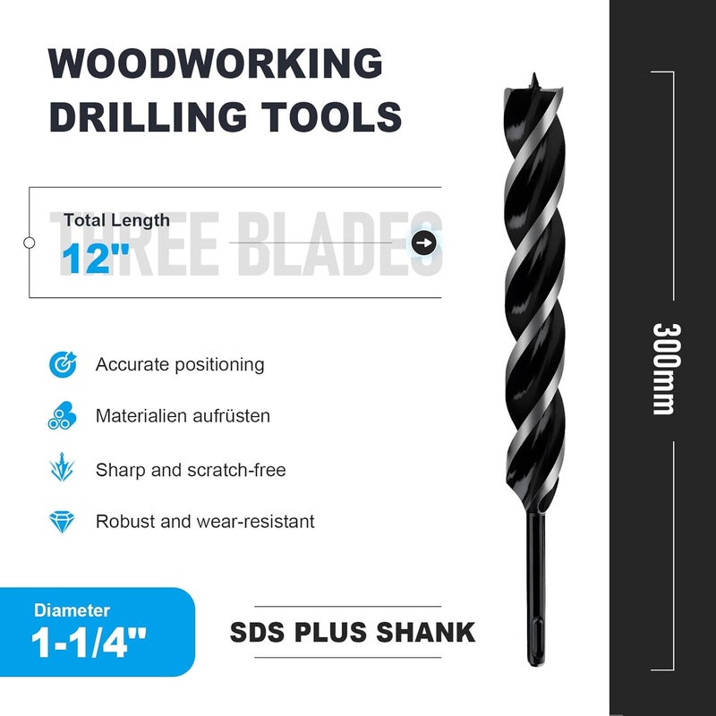 WOBLLMX 1-1/4" x 12" Auger Drill Bit with SDS Plus Shank for Wood,Tri Flute Ship Auger Long Drill Bit for Soft and Hard Wood,Tree Stump,Plastic,Drywall and Composite Materials - Image 2
